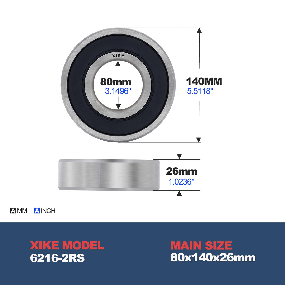 XiKe 6216-2RS Deep Groove Ball Bearing, 80x140x26mm (1-Pack)