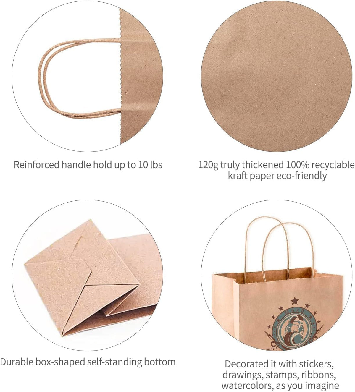 Brown Paper Bags with Handles Bulk, 13x7x14 Inch, 50 Pack