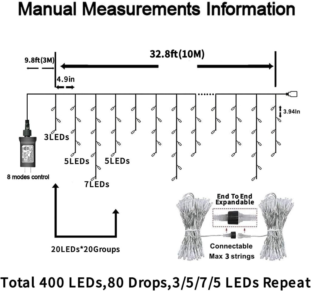 33ft 400 LED Icicle Lights Outdoor, 80 Drops Icicle Christmas Lights Connectable, 8 Modes White Icicle String Lights