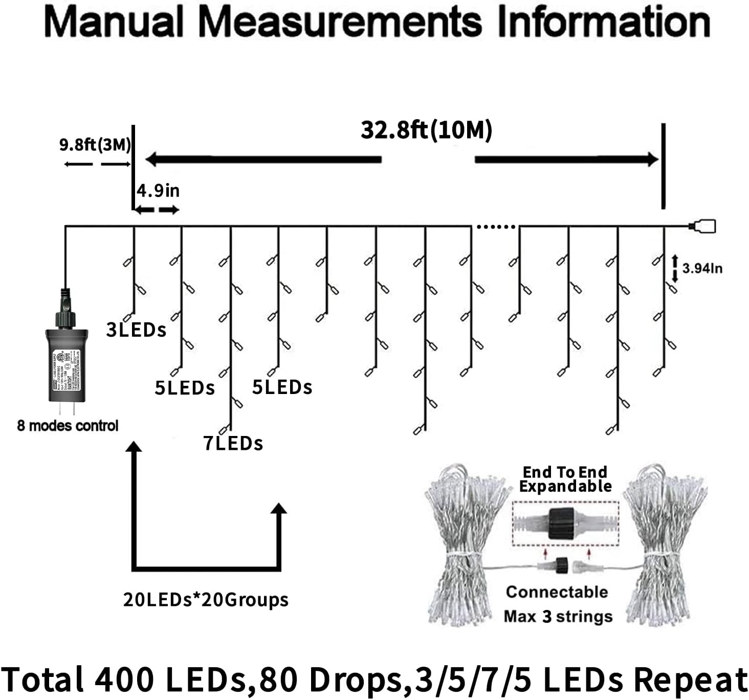 33ft 400 LED Icicle Lights Outdoor, 80 Drops Icicle Christmas Lights Connectable, 8 Modes White Icicle String Lights