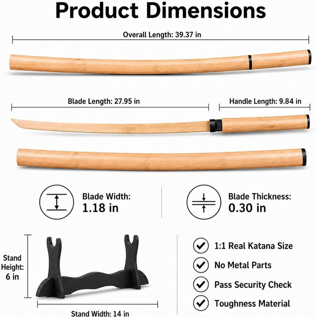 Wooden Sword Bamboo Practice Sword - 40" Cosplay Prop Sword, Martial Arts Training, Anime Prop, Lightweight Sparring