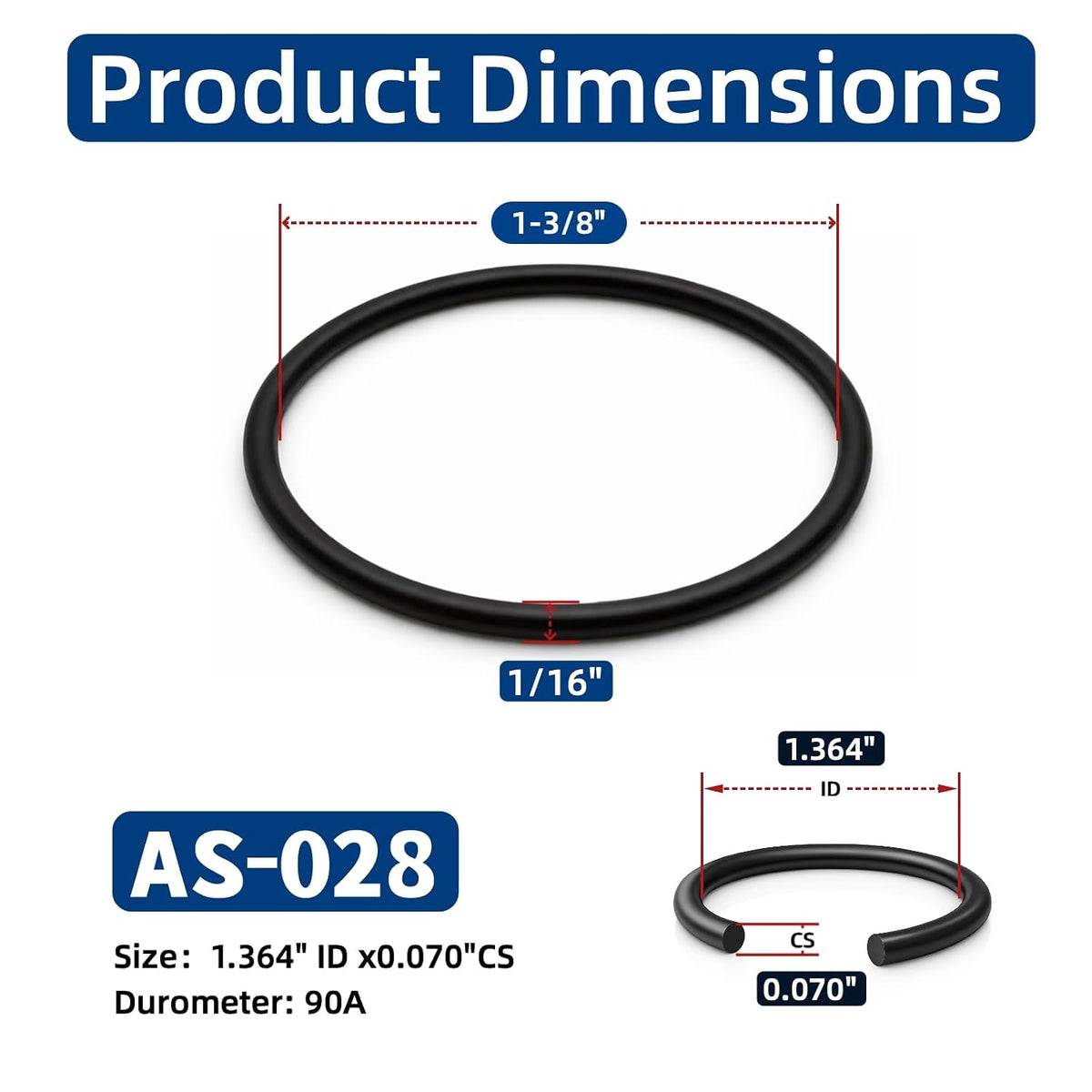 AS-028 Nitrile (NBR) O-Rings, 1-3/8" ID x 1/16" CS (1.364" x 0.070"), 90A Durometer, -40°F to +248°F, Fuel, Oil & Hydraulic System Seals, 50 Pcs