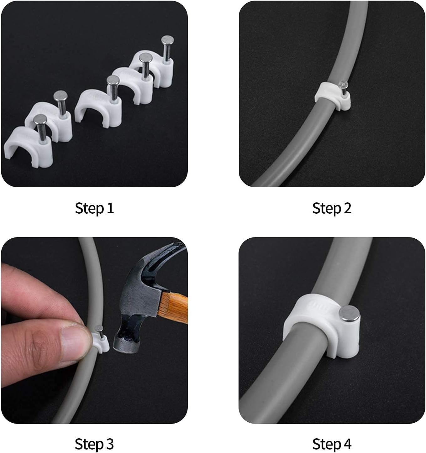 Cable Clips, 400 Pcs, 4mm 6mm 8mm 10mm, Wire Wall Clips with Steel Nails, Ethernet Cable Clips, Cable Tacks Coax