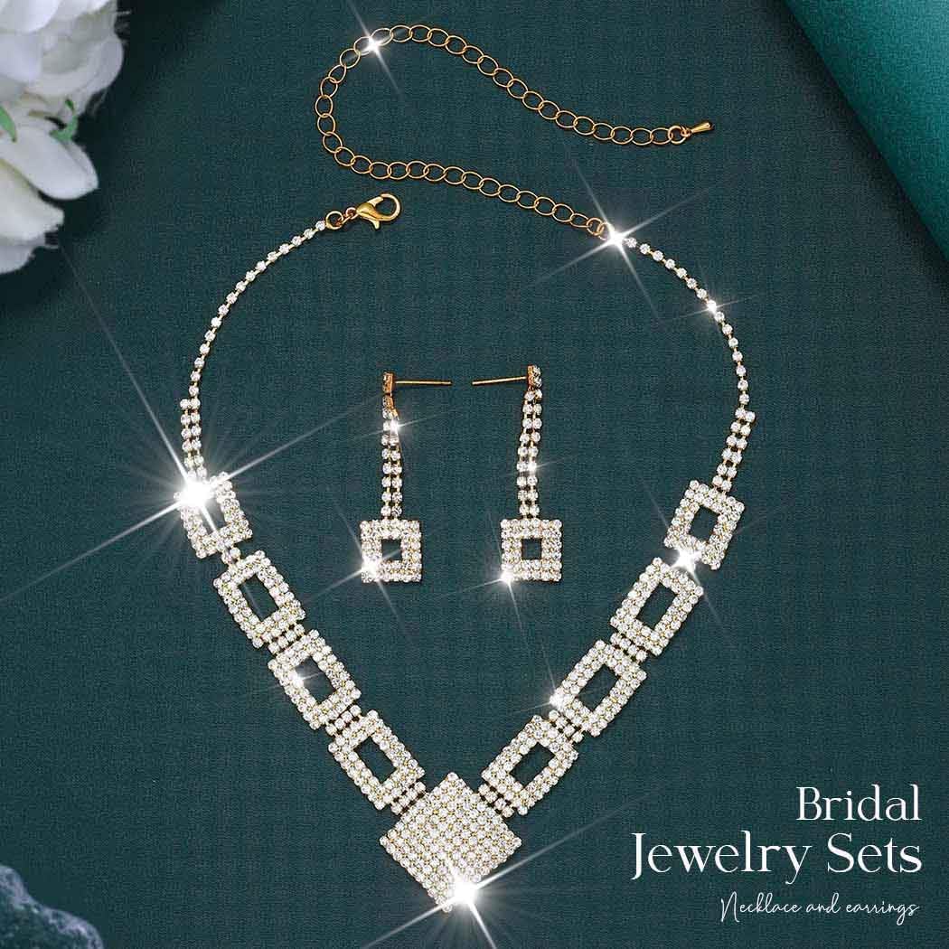 Crystal Bridal Wedding Jewelry Set Silver Rhinestone Necklace Earrings Sets Formal Costume Jewelry for Women and Brides
