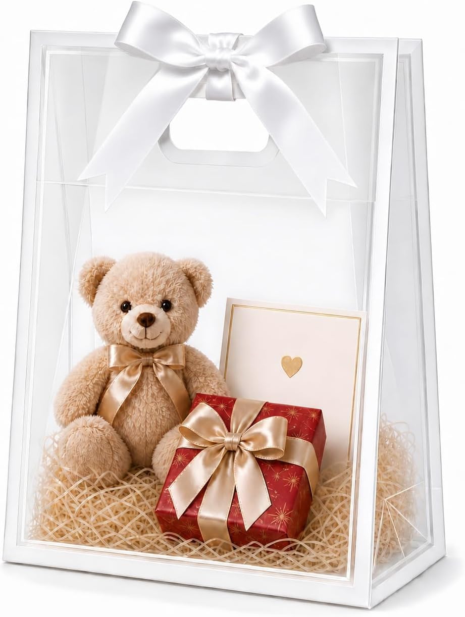 Small Clear Plastic Gift Bags with Handles, 7x10x3.15 in, 10 Pack, White