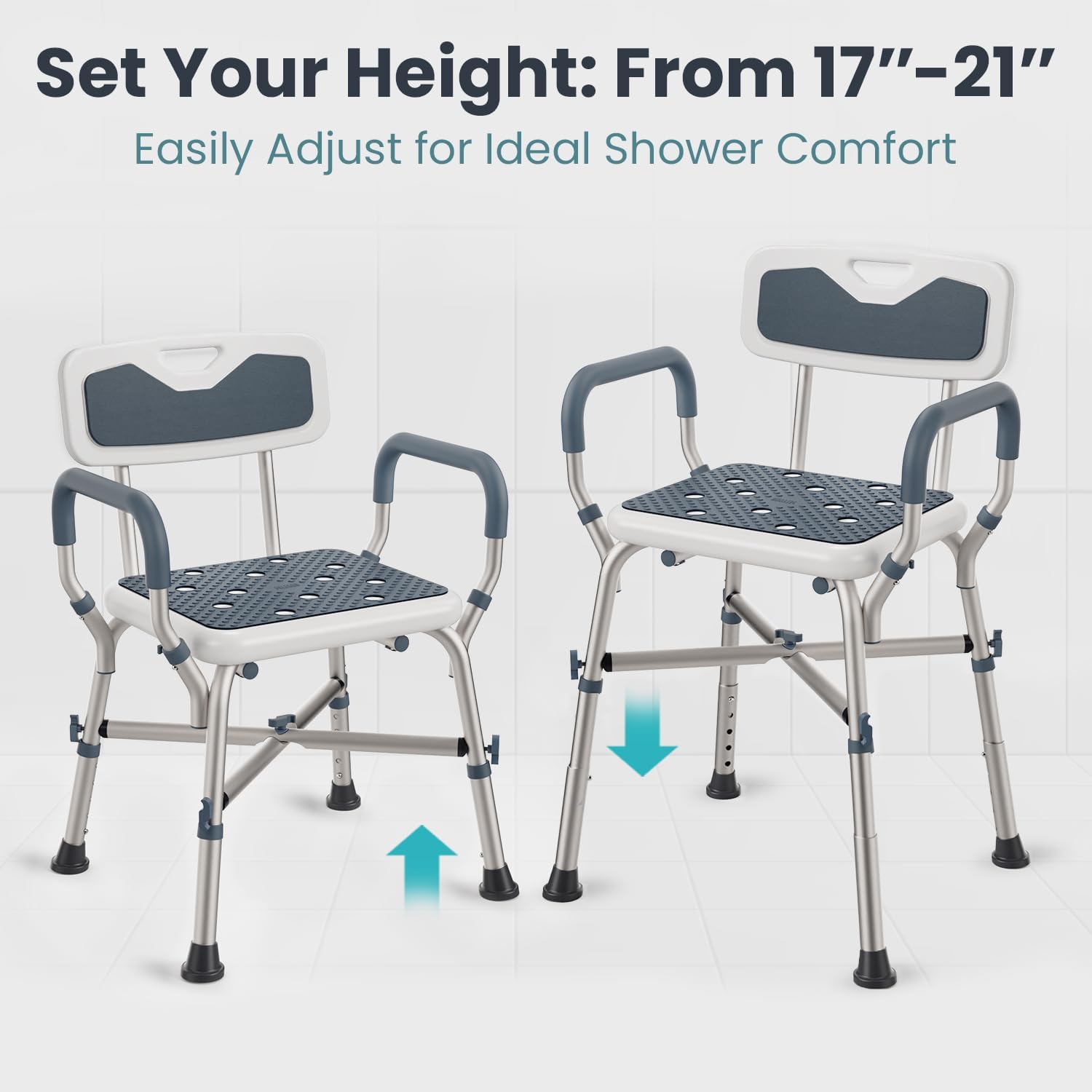 Shower Chair for Elderly and Disabled (450lb) with Padded Armrests and Back, Adjustable Height Shower Seat, Heavy