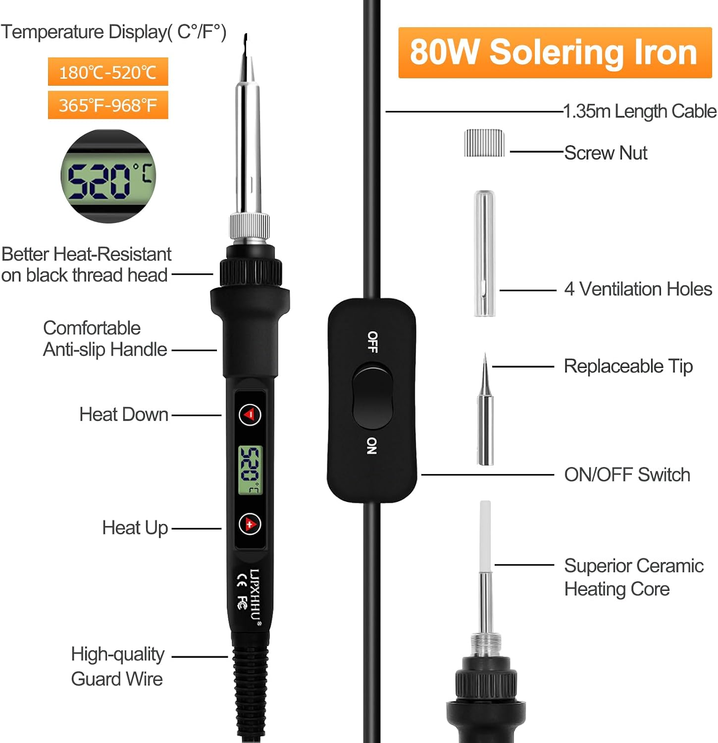 80W LCD Soldering Iron Kit Adjustable Temp 180-520℃ Precision Soldering Gun | 15s Fast Heating Electronics Soldering