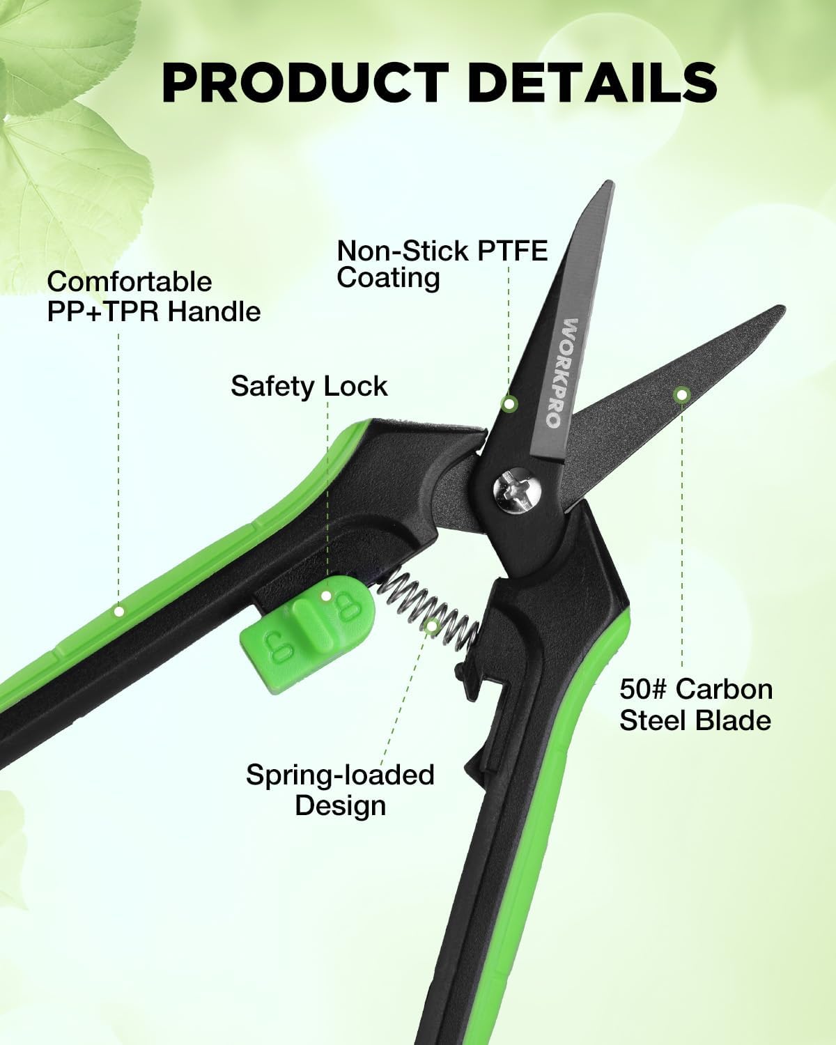 6-Inch Garden Pruning Shears, Sharp High-Carbon Steel Harvest Snips with Nonstick Teflon Coating, Spring-Loaded
