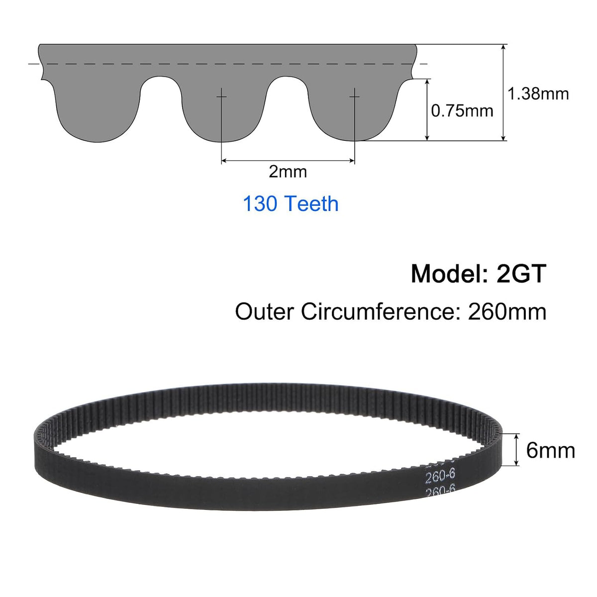 uxcell 10pcs 2GT Timing Belt Closed Loop Rubber Belts 260-2GT-6, 6mm Width x 260mm Length, 3D Printer Timing Belt