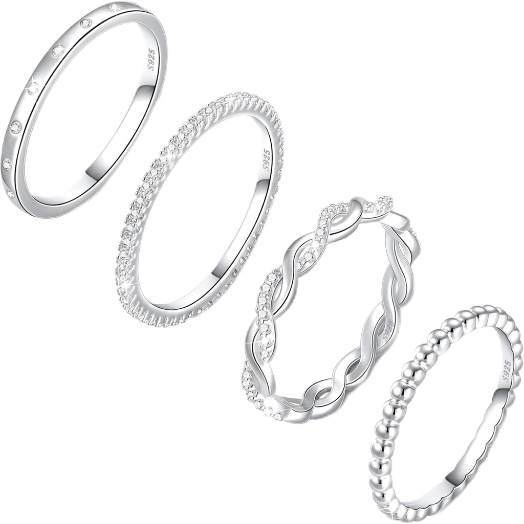 Sterling Silver Ring for Women, 4PCS Thin Stackable Rings Cubic Zirconia Thumb Ring Set Engagement Statement Wedding