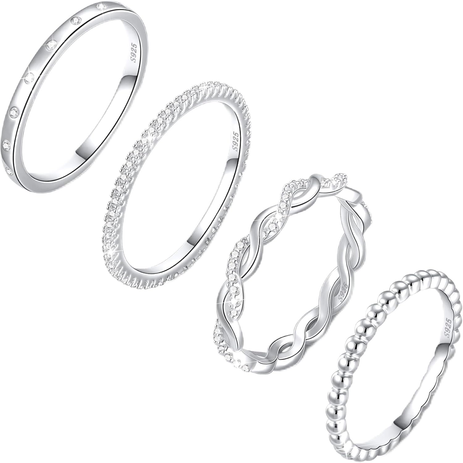 Sterling Silver Ring for Women, 4PCS Thin Stackable Rings Cubic Zirconia Thumb Ring Set Engagement Statement Wedding