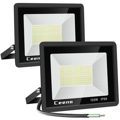 2 Pack 120W Hardwired LED Flood Light Outdoor, 12000lm Super Bright Floodlight, IP66 Waterproof 6000K Daylight White