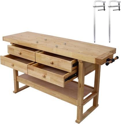 Wood Workbench, 60" Acacia Hardwood Workbench with 4 Drawer, Heavy Duty Work Bench Table, with 2 Bar Clamps Set 20" x