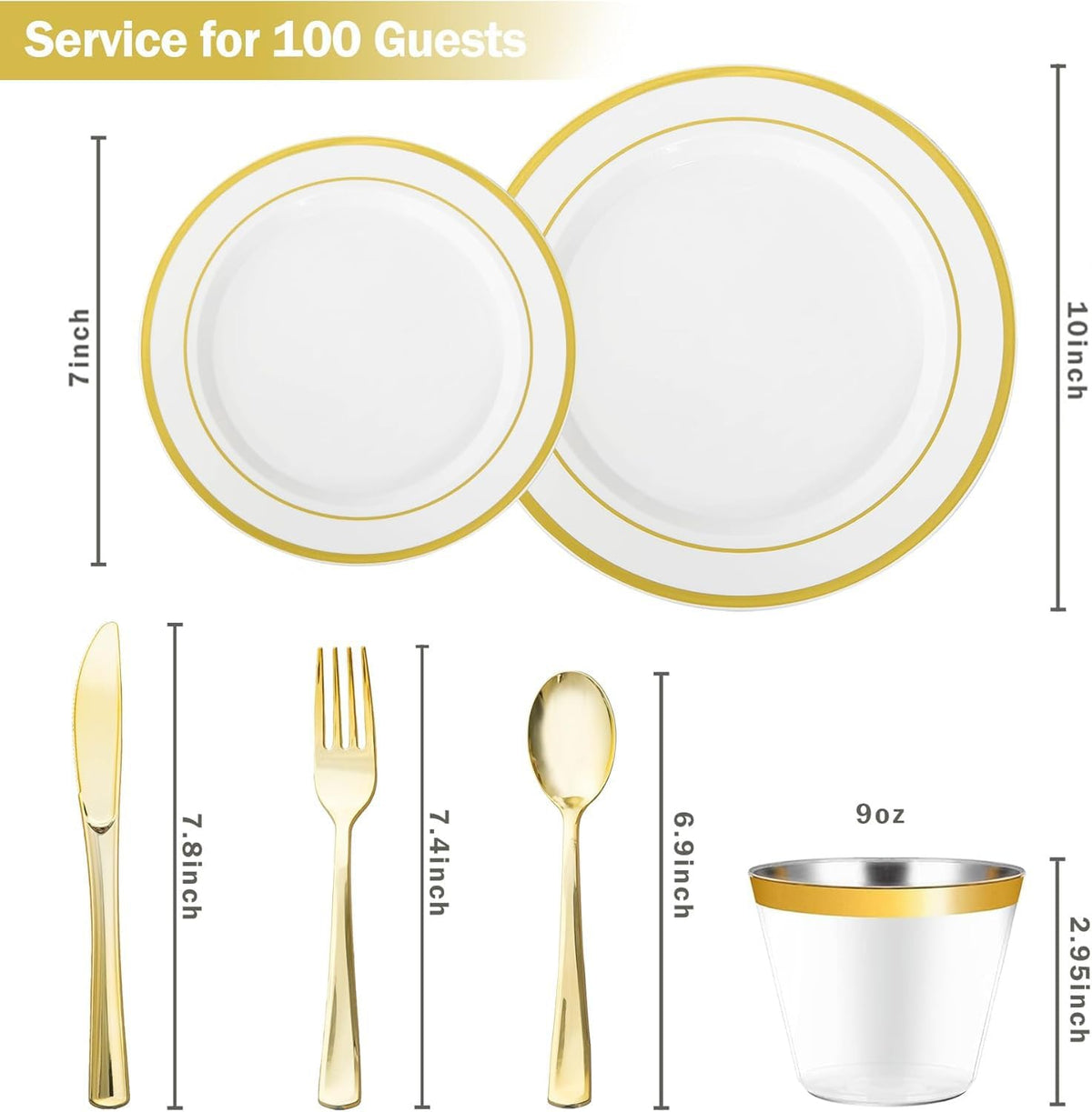 600PCS White and Gold Plastic Plates, Disposable Dinnerware Set