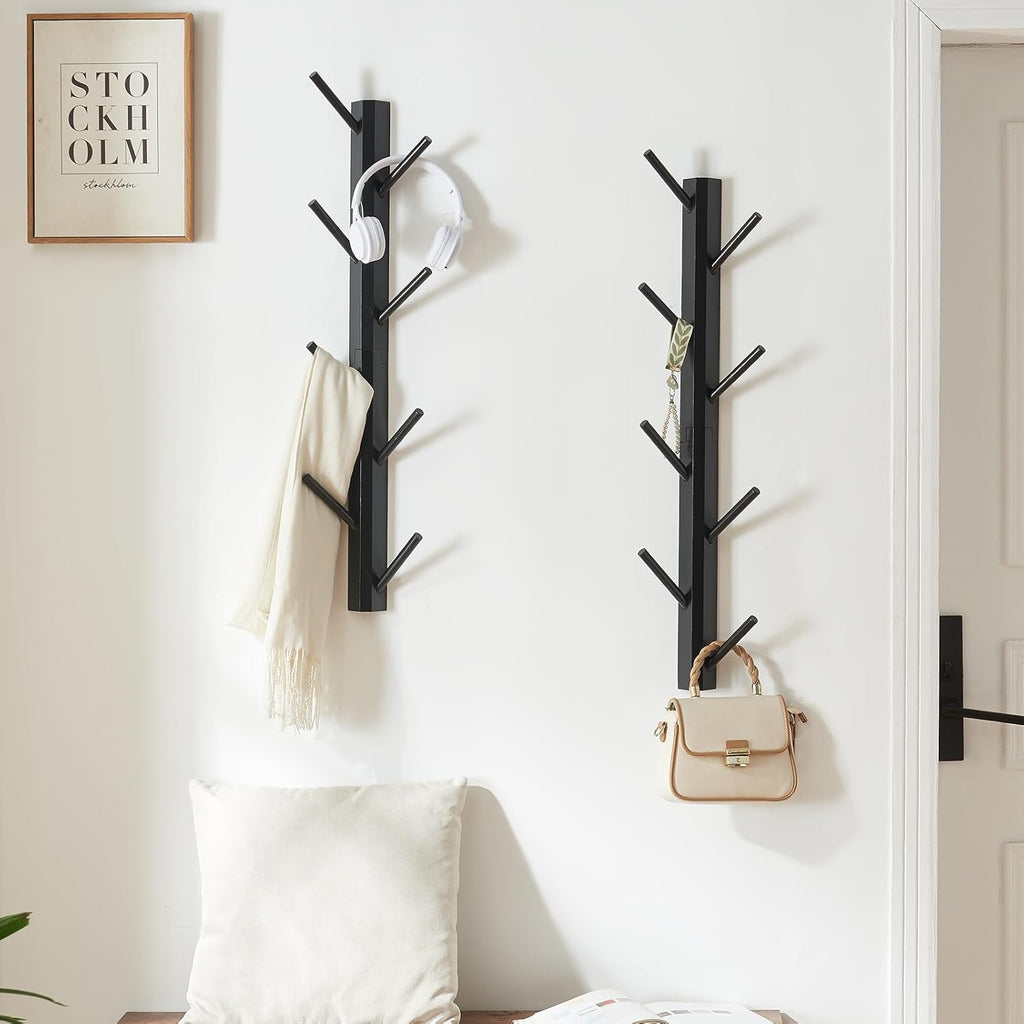 2 Pack Coat Rack Vertical Wall Mount, Bamboo Coats Hooks Clothes Holder Hanger for Wall Coat Hat Jacket Clothing