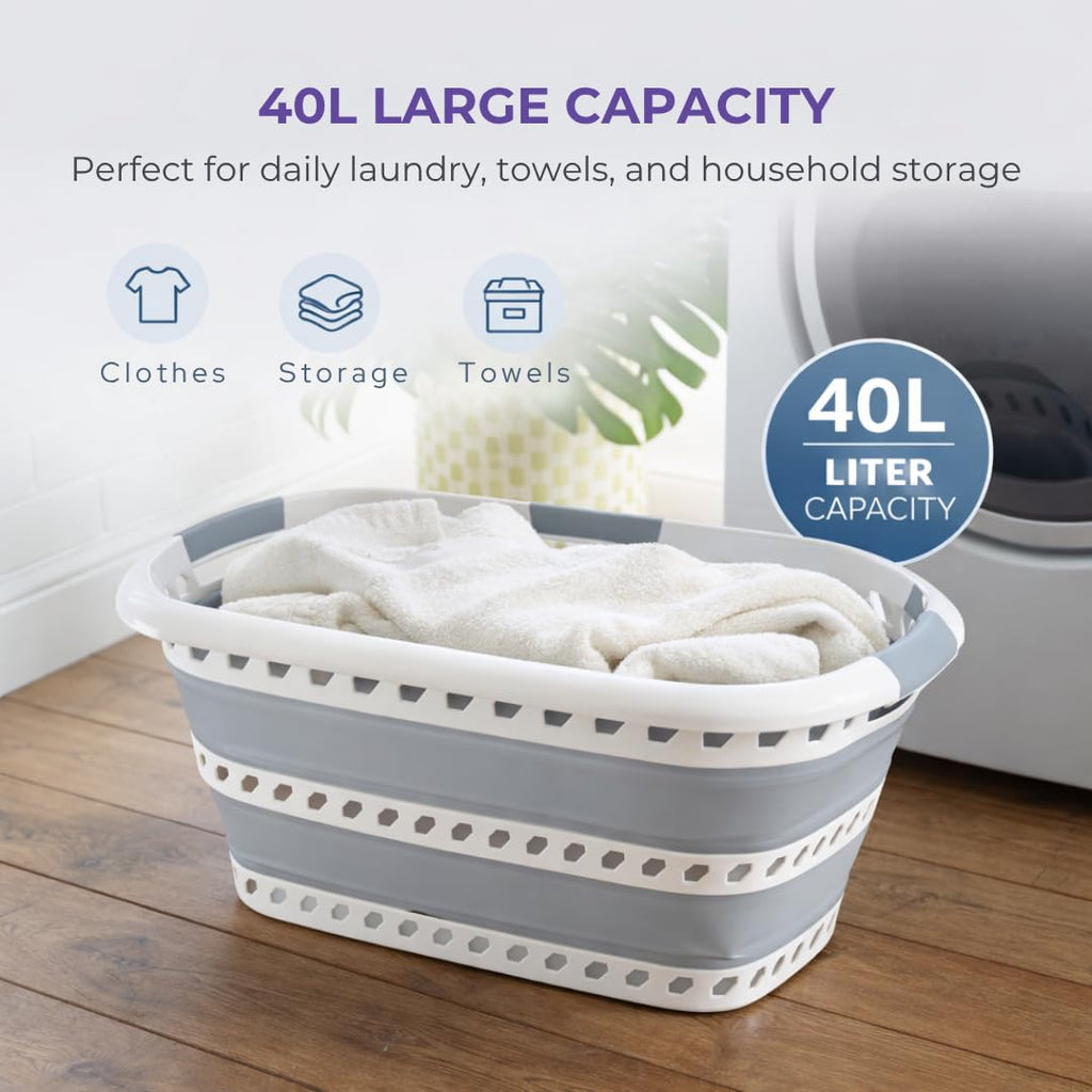 Collapsible Laundry Basket 40L | Portable | Space Saver Storage | Hold 2 Loads | Store Under the Bed or Closet | Good