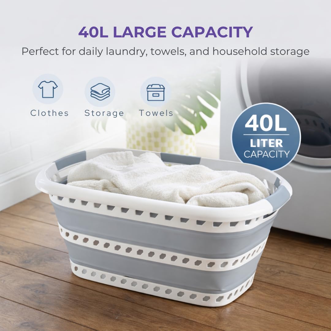 Collapsible Laundry Basket 40L | Portable | Space Saver Storage | Hold 2 Loads | Store Under the Bed or Closet | Good