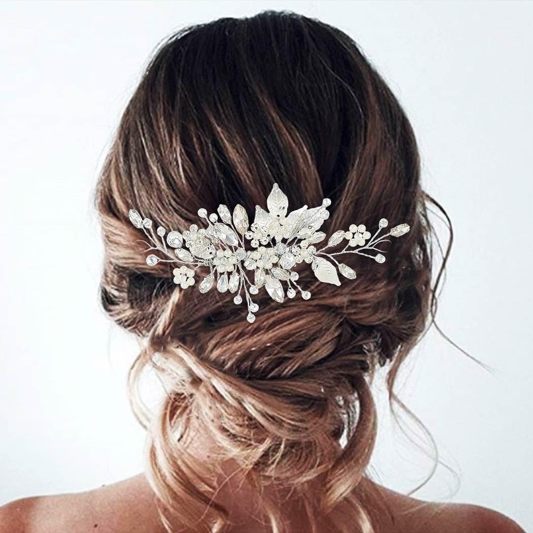 Leaf Bride Wedding Hair Comb Pearl Bridal Hair Piece Crystal Side Comb Hair Accessories for Women and Girls