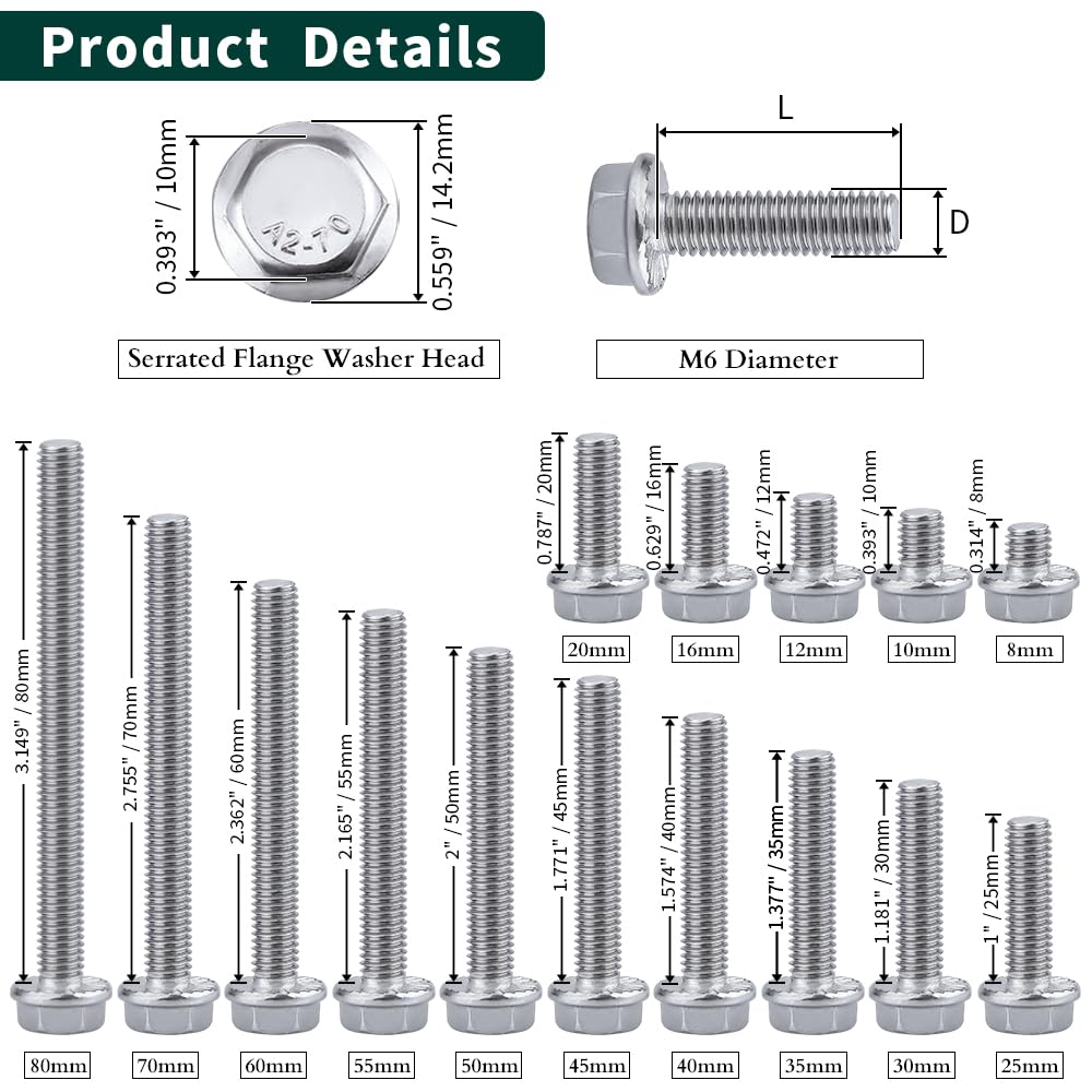 M6-1.0 x 55mm Hex Flange Bolt (2.17" Thread Length), DIN6921, Serrated Locking Flange, 304 Stainless Steel, UNC Full Thread, 20-Pack