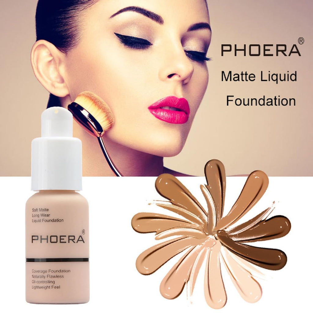 PHOERA Foundation, Flawless Soft Matte Liquid Foundation 24 HR Oil Control Concealer Foundation Makeup. (1 Pcs-102