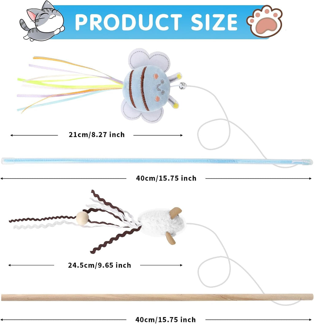 Cat Wand Toy Set, 2 PCS Interactive Cat Teaser Wands with Cute Bee & Mouse Designs, Equipped with Bells and Streamers