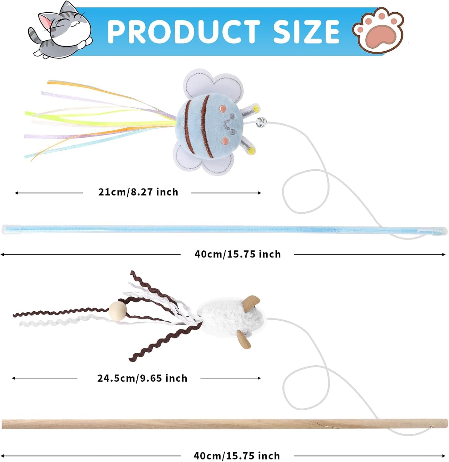 Cat Wand Toy Set, 2 PCS Interactive Cat Teaser Wands with Cute Bee & Mouse Designs, Equipped with Bells and Streamers