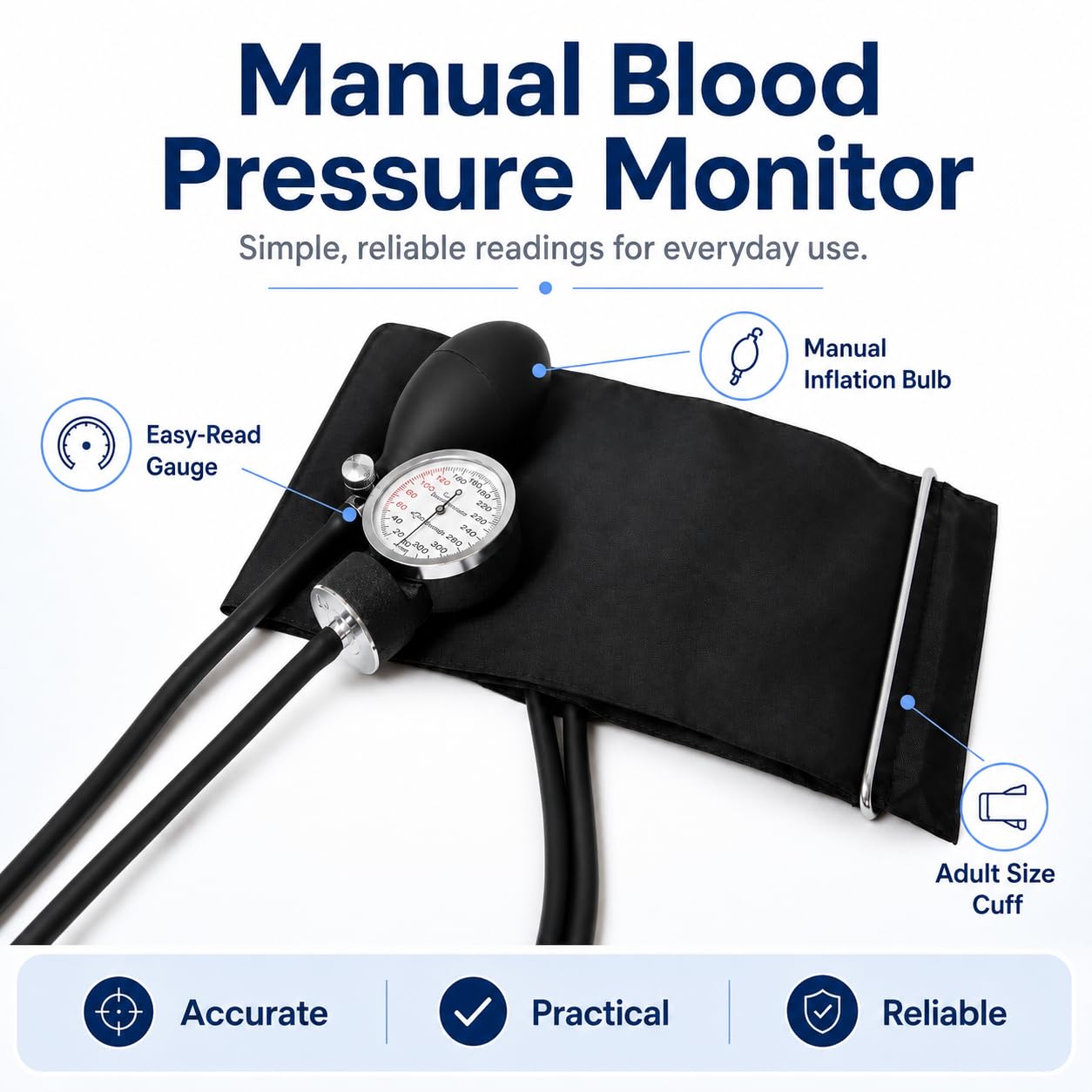 Adult Size Self Taking Black Aneroid Sphygmomanometer, Stethoscope Kit - Professional Blood Pressure Machine with