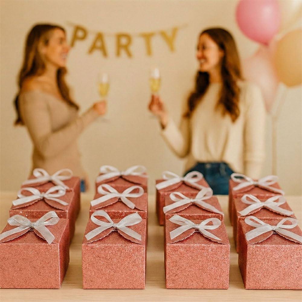 Red Glitter 4x4x4 Gift Boxes with Silver Ribbon, 10 Small Cube Box