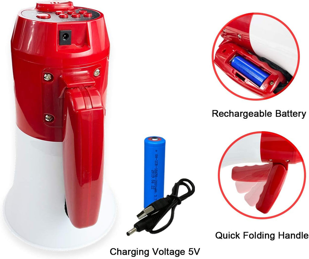 Bullhorn Rechargeable Megaphone Speaker with 240's Recording,Siren,U-Disk Player, 800 Yard Range, Rechargeable Battery