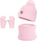 Kids Winter Hat Gloves Scarf Set, Pom Wool Warm Fleece Beanie Knit Neck Gaiter Mittens for 4-10 Years Children