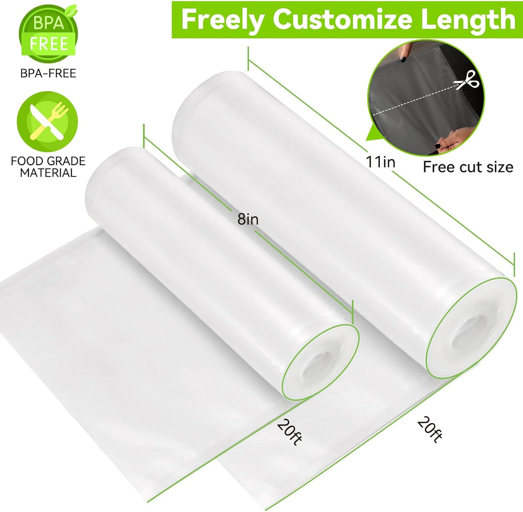 [2 Pack ] Vacuum Sealer Rolls Bags, 2 Rolls 11" x 20' Commercial Grade Food Bag Rolls for Storage Sous Vide, Durable
