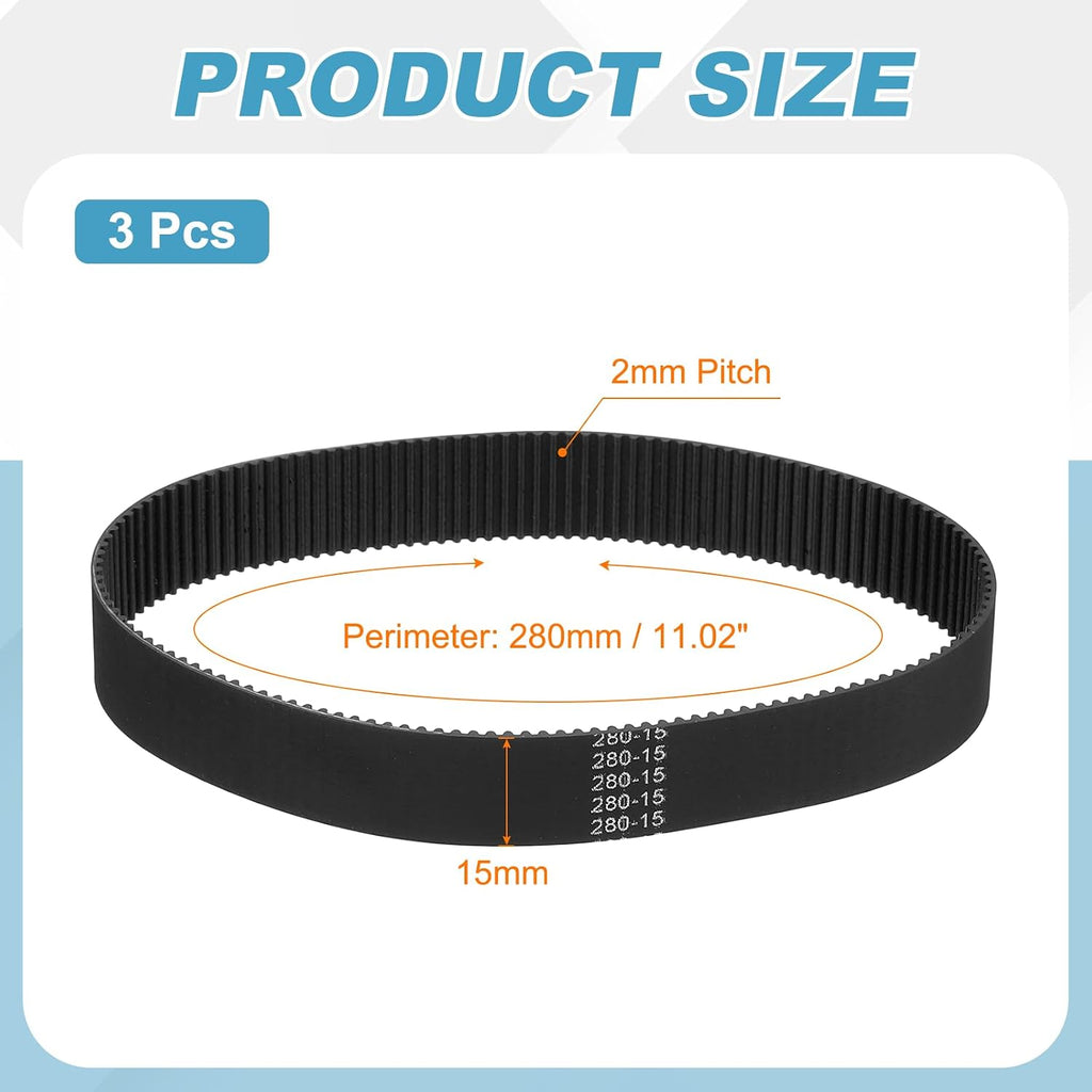 MECCANIXITY 280mm GT-2 Timing Belt 15mm Width 2mm Pitch Black 3pcs