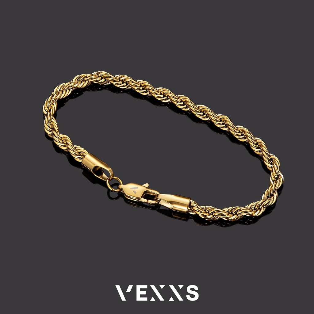 Rope Chain Bracelet for Men, 18K Real Gold Plated Men's Rope Link Bracelet, Durable No Color Fading Cuban Link