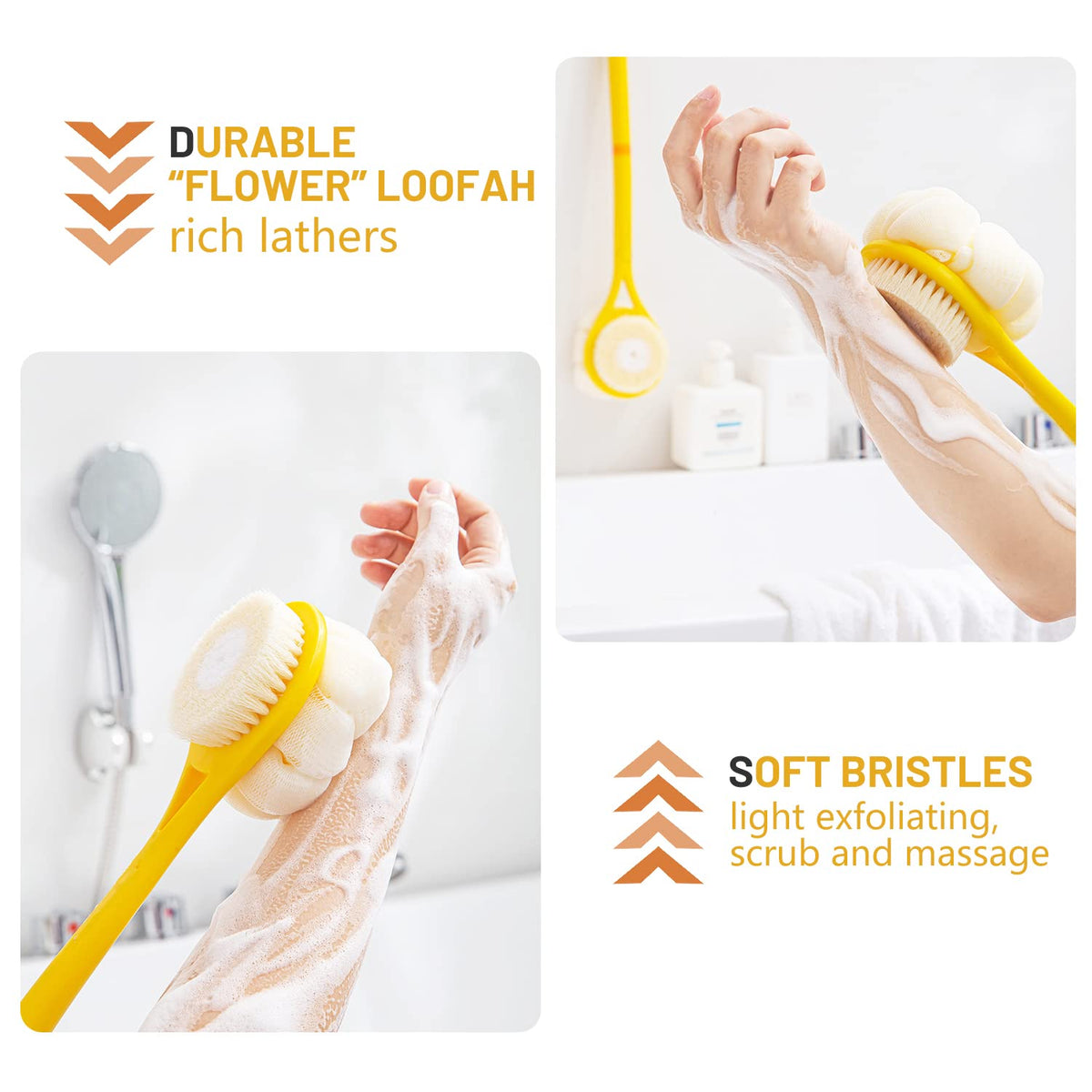 Shower Body Brush,Soft Bristles & Loofah Back Scrubber Bath Mesh Sponge