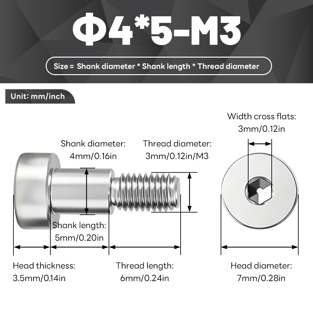 60pcs 304 Stainless Steel Shoulder Bolt M3 4mm Dia 5mm Length