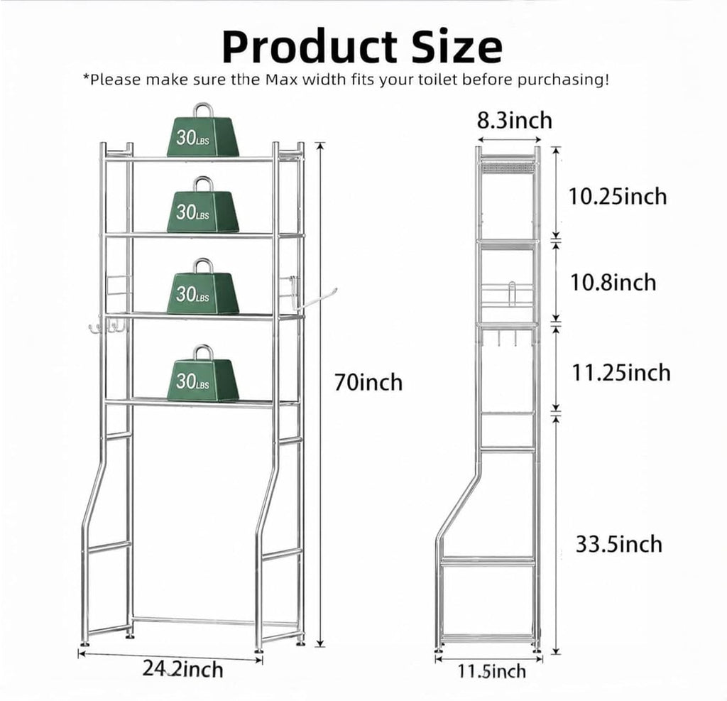 Over the Toilet Storage Cabinet, Metal 4 Tier Bathroom Shelves Over Toilet, Bathroom Oragnizer with 4 Hooks and Paper