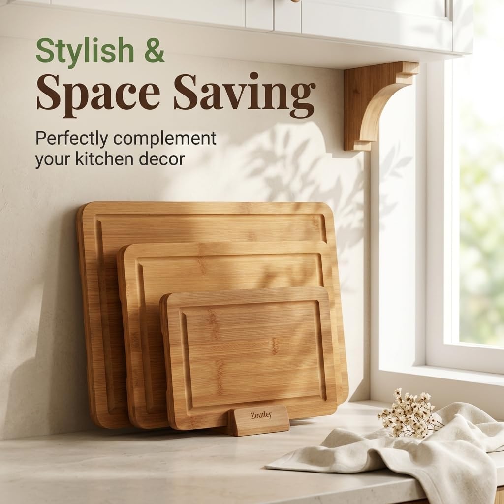 3-Piece Deep Carbonized Bamboo Cutting Board Set with Vertical Drying Stand | Wooden Chopping Boards for Kitchen |