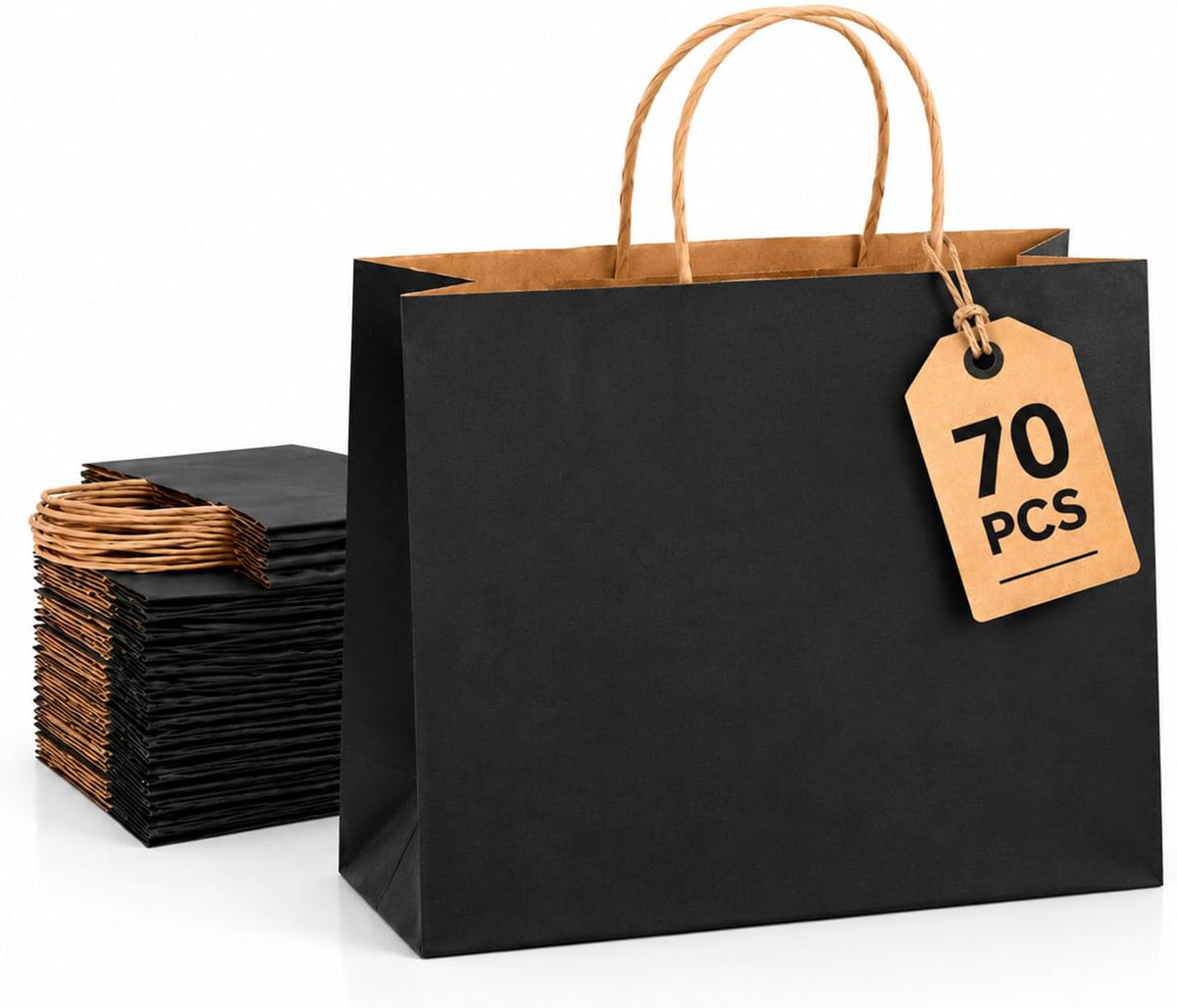 Large Kraft Paper Bags with Handles Bulk for Shopping,70 Pack,Black