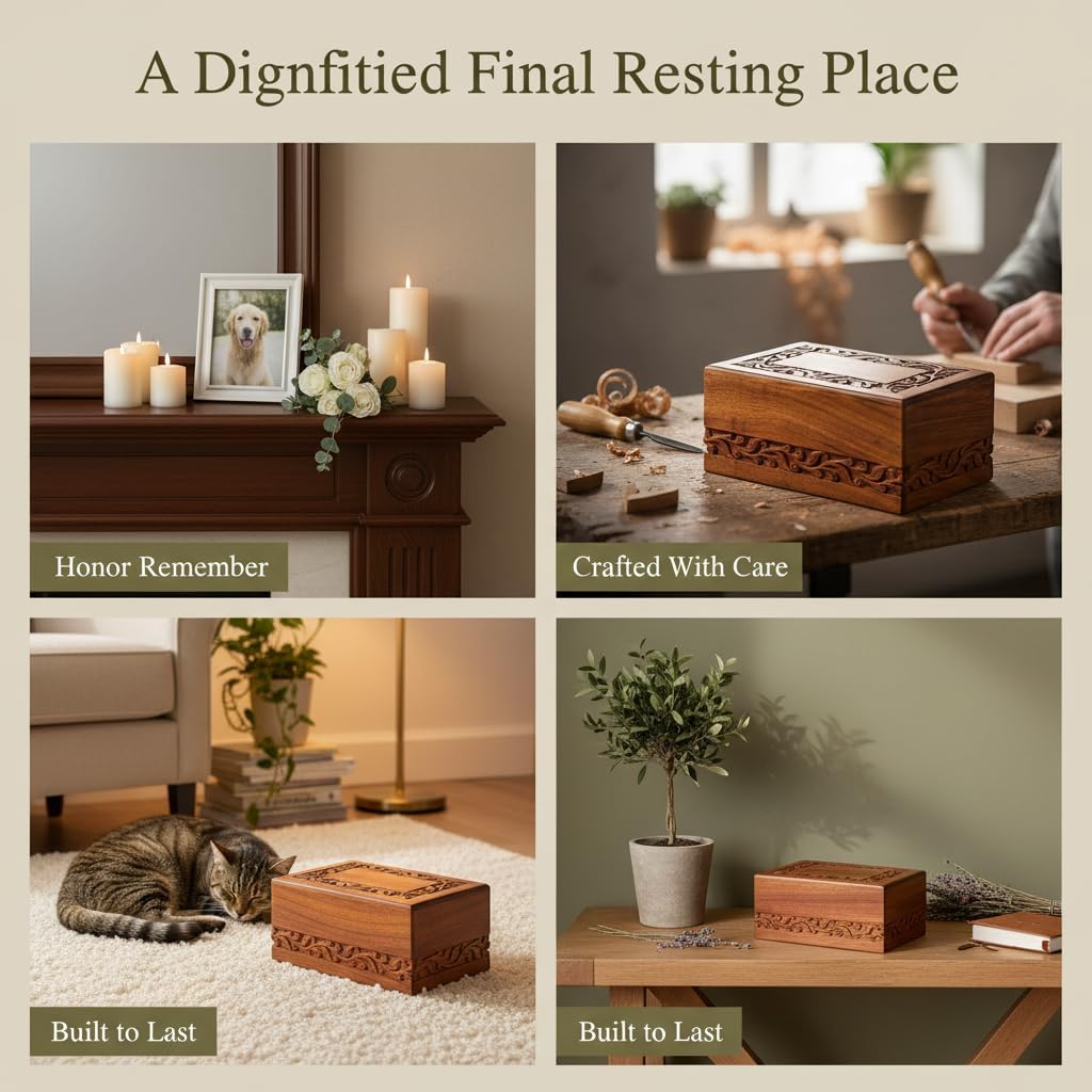 Wooden Keepsake Urn Box, Cremation Urns for Human Ashes, Handcarved Decorative Memorial, Wood Casket for Pets, Cat