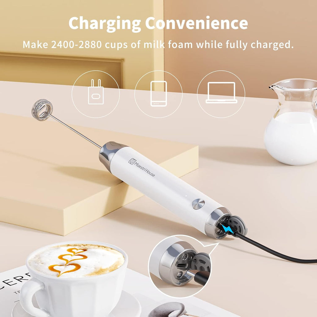 LunaFro Rechargeable Milk Frother,Stand & 2 Detachable Whisks | 8000RPM Turbo Motor, 1200mAh lithium battery