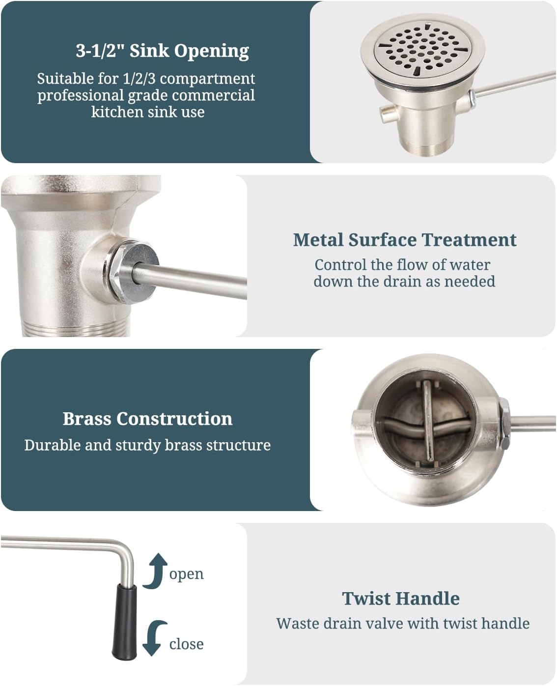 3-1/2 Inch Commercial Sink Drain with Twist Handle Waste Drain Valve