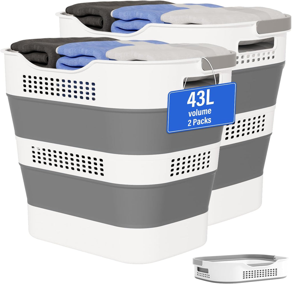 43L+43L Collapsible Laundry Baskets plastic (Grey, 2 Packs) | Pop Up Laundry hamper/Storage Container, Foldable