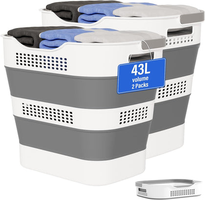 43L+43L Collapsible Laundry Baskets plastic (Grey, 2 Packs) | Pop Up Laundry hamper/Storage Container, Foldable