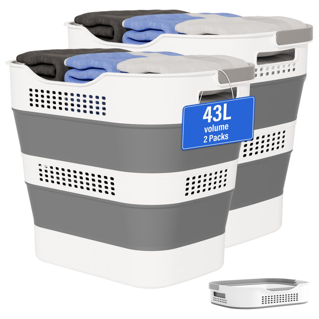 43L+43L Collapsible Laundry Baskets plastic (Grey, 2 Packs)