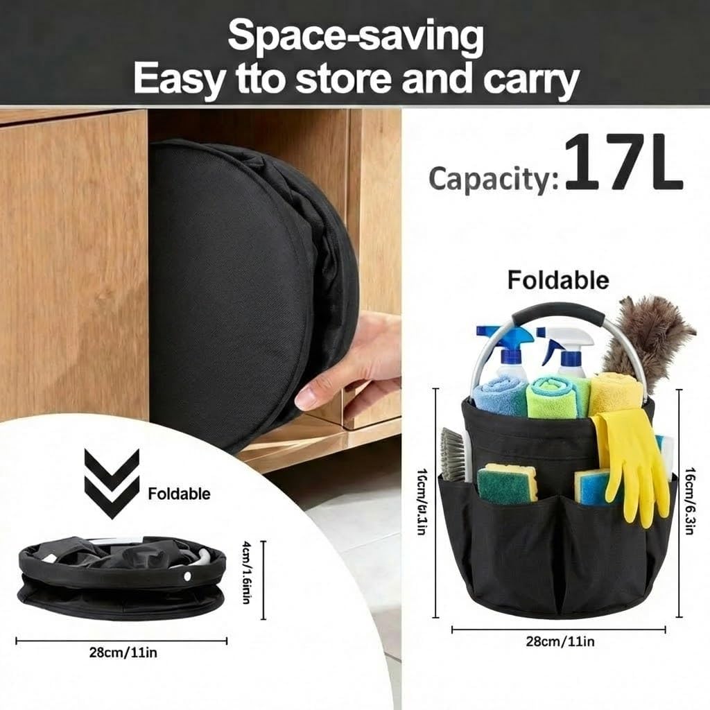 Foldable Cleaning Caddy with Handle 17L Large Cleaning Supplies Organizer 600D Oxford Portable Bucket Basket with 6