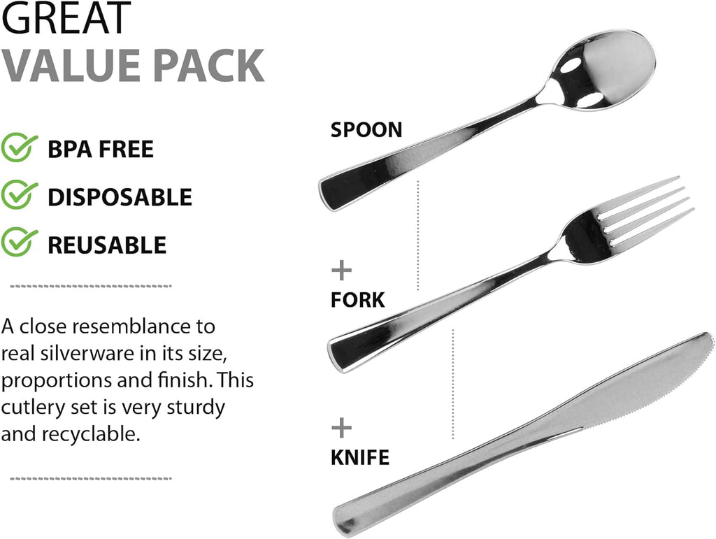 Plastic Cutlery Silverware Extra Heavyweight Disposable Flatware, Full Size Cutlery Combo, Polished Silver, 80 Forks