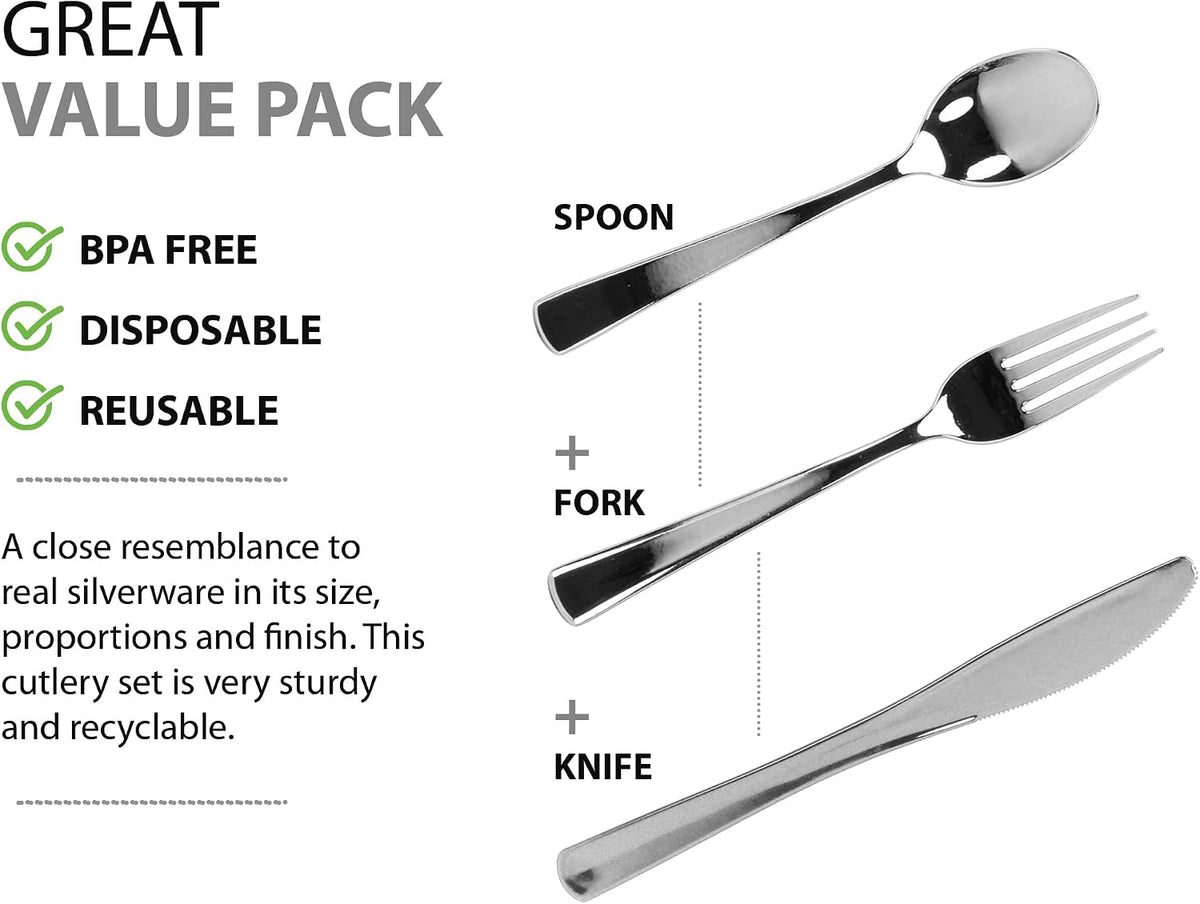 Plastic Cutlery Silverware Extra Heavyweight Disposable Flatware, Full Size Cutlery Combo, Polished Silver, 80 Forks