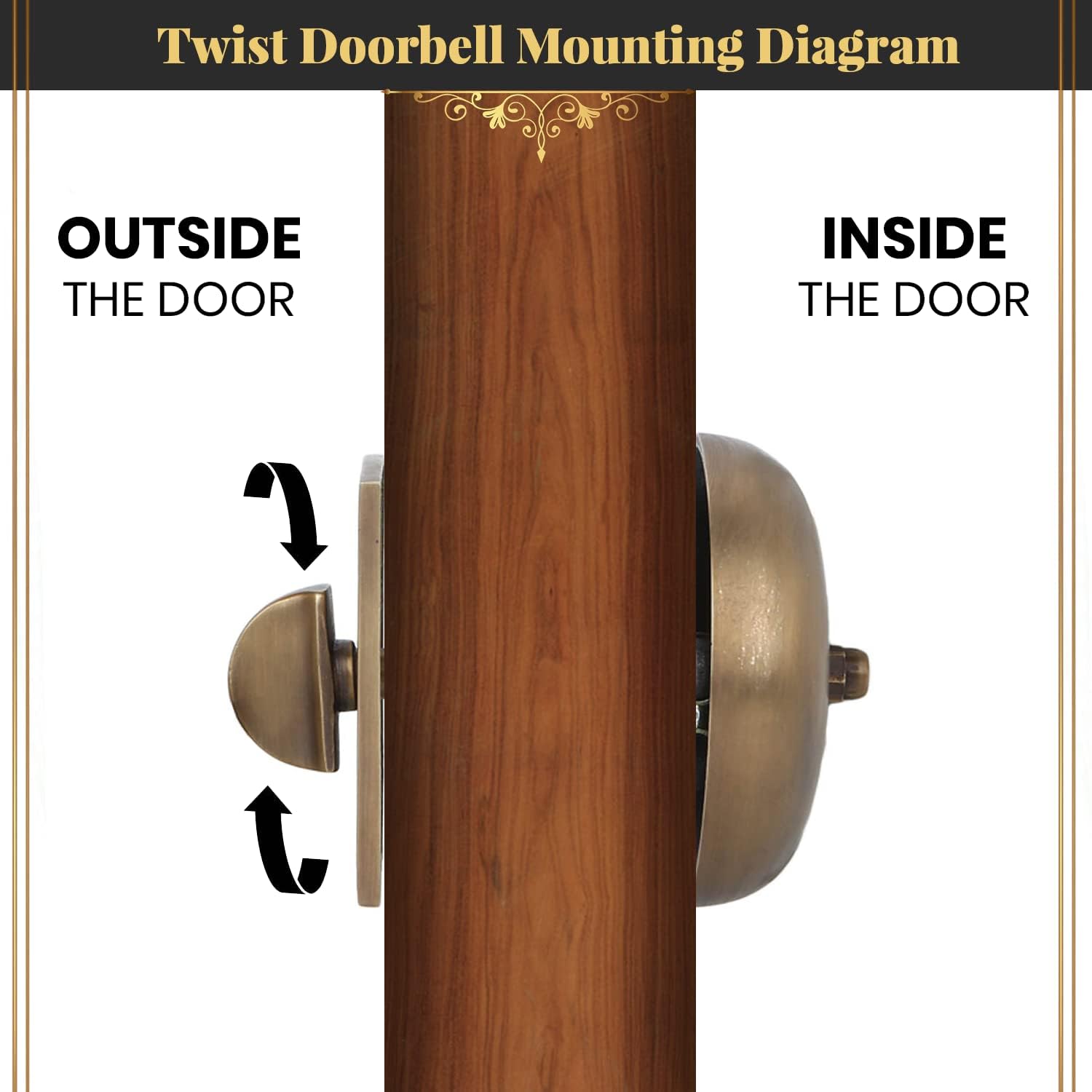 Mechanical Doorbell, Solid Brass, Antique Brass Finish | 2 6/7 x 1 3/5" Exterior Plate, 4 3/5 x 3 1/3" Wireless