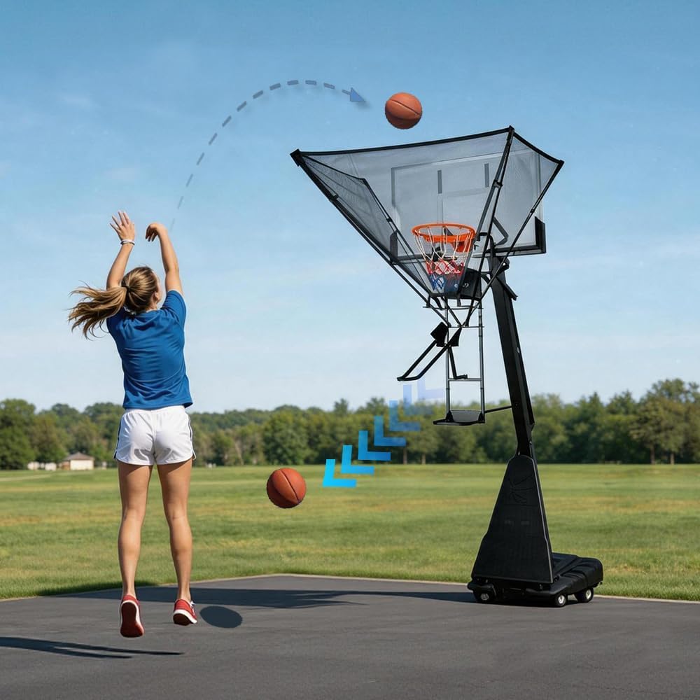 Basketball Return System, Automatic Ball Return Net, 180° Rotating Chute, Quick Fold & Fast Storage, Roll & Go