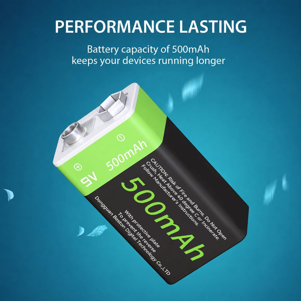 9V Rechargeable Battery Pack 4-Pack 500mAh Li-ion 9 Volt | Battery for Alarms, Wireless Microphones, Smoke Detectors